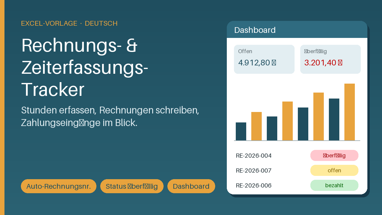 Rechnungs- & Zeiterfassungs-Tracker für Freiberufler (Excel, Deutsch)